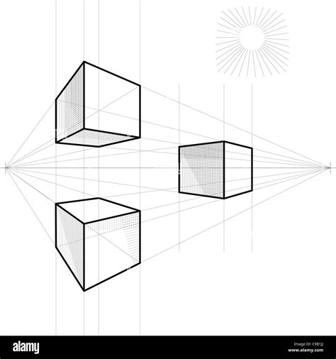 Drawing Of A Cube In Perspective With Two Vanishing Points Stock Photo