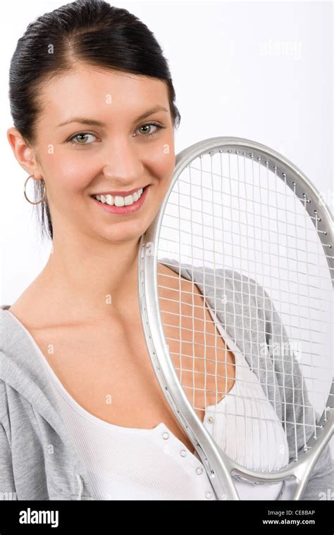 Tennis Player Woman Young Smiling Holding Racket Isolated Stock Photo