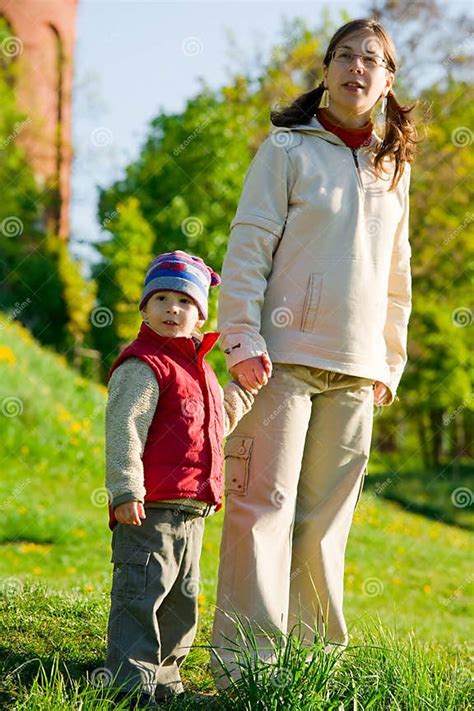 Pregnant Mom With Son At Spring Walk Stock Image Image Of Front