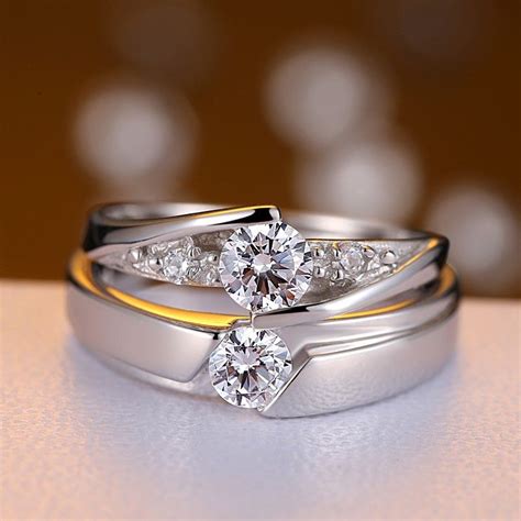 Elegant And Romantic Luxury 925 Sterling Silver Inlaid Cz Couple Rings