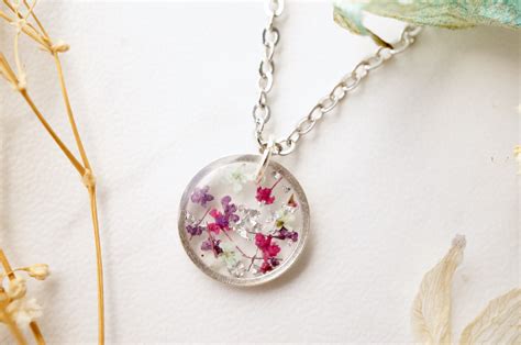 Each pendant is handmade so may differ slightly from the images shown. Real Dried Flowers in Resin Necklace, Small Silver Circle ...