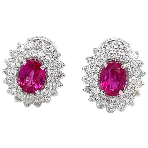 Ruby And Diamond Oval Gold Cluster Stud Earrings For Sale At 1stDibs