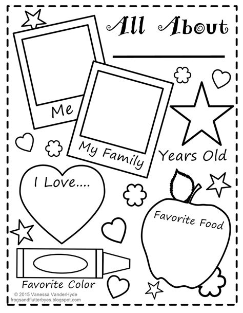 Free, printable coloring book pages, connect the dot pages and color by numbers pages for kids. The Frogs and the Flutterbyes: All About Me Free Printable