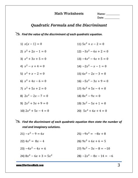 Quadratic Formula And The Discriminant Math Worksheets Name
