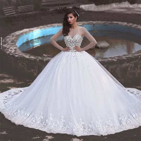 White Luxury Ball Gown Muslim Wedding Dresses Full Long
