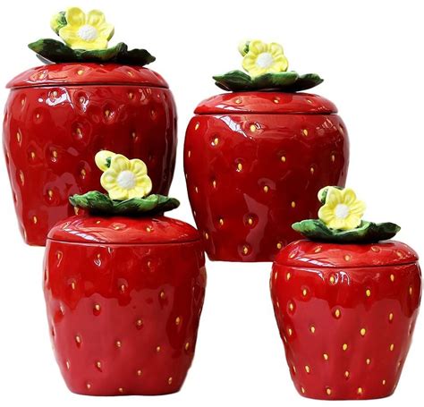 Strawberry Ceramic Canister Set Of 4 Pieces In 2021 Ceramic Canister