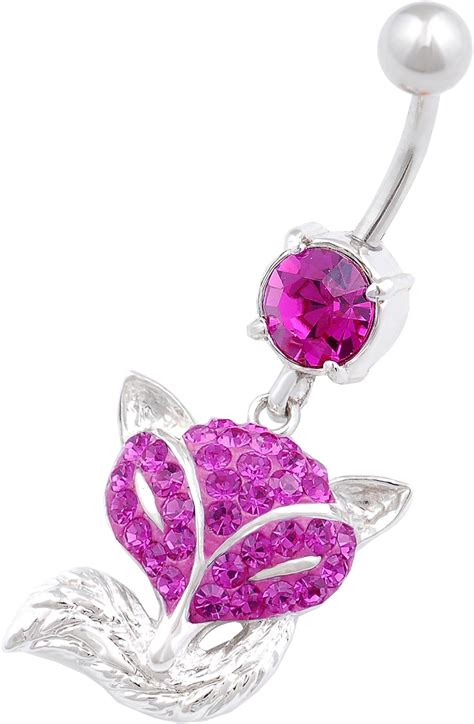 Amazon Com Belly Ring Fox 14g Navel Bar Stainless Steel Crystal Hang