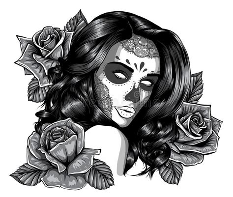 Monochromatic Sugar Skull Girl Face With Make Up For Day Of The Dead Dia De Los Muertos Vector
