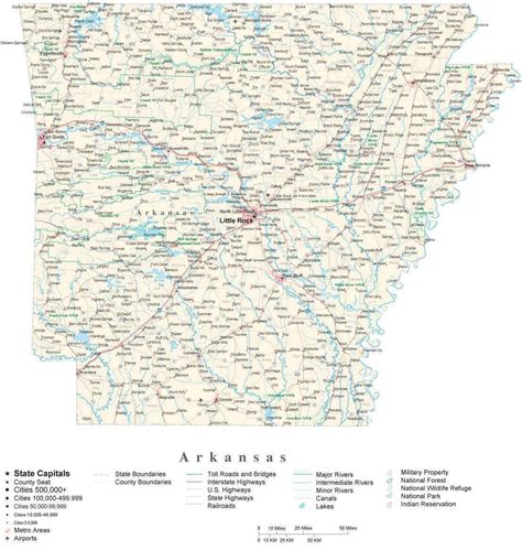 Arkansas Map With Capital County Boundaries Cities Roads And Water