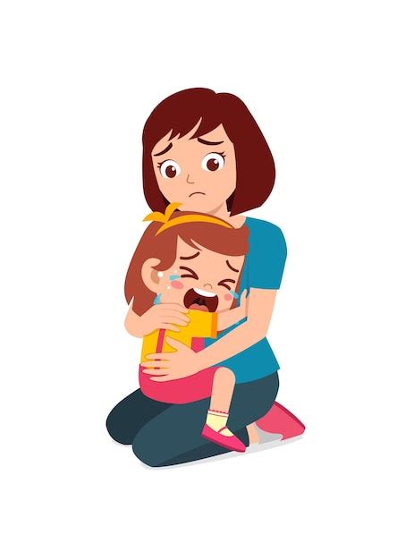 La Joven Madre Abraza A La Niña Llorando Y Trata De Consolarla Vector