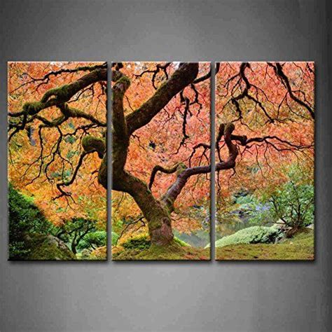 3 Panel Wall Art Old Japanese Maple Tree With Pink Leaf In Fall