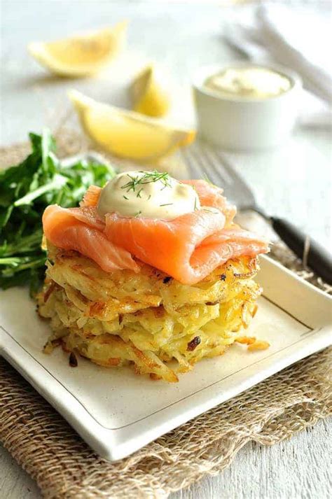 You'll love the complementary flavors of dill, pickled shallot, and capers in this flavorful breakfast that's ready in a flash. SMOKED SALMON POTATO ROSTI STACK - (Free Recipe below)