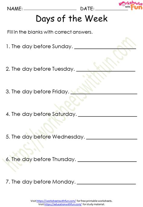 Mathematics Preschool Days Of The Week Worksheet 9