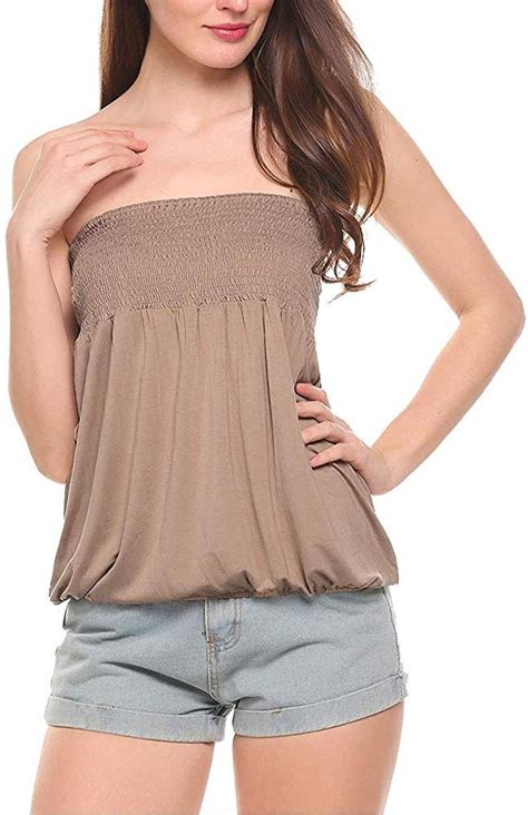 Womens Tube Top Shirt Strapless Blouse Pleated Backless Stretchy Tunic