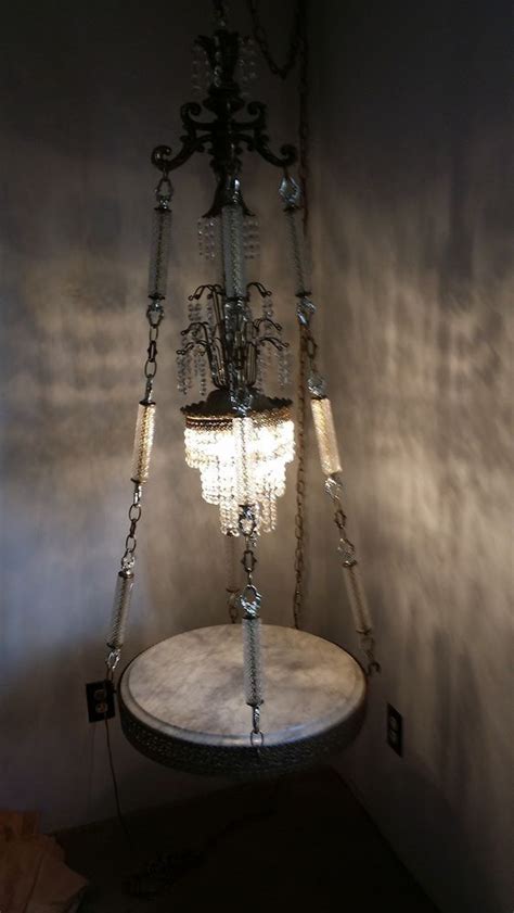 Vintage Hollywood Regency Swag Hanging Lamp Light Crystals Marble Table