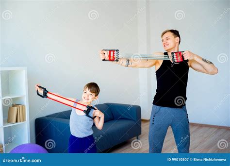 Father And Son Doing Stretching Together Stock Image Image Of Healthy Male 99010507