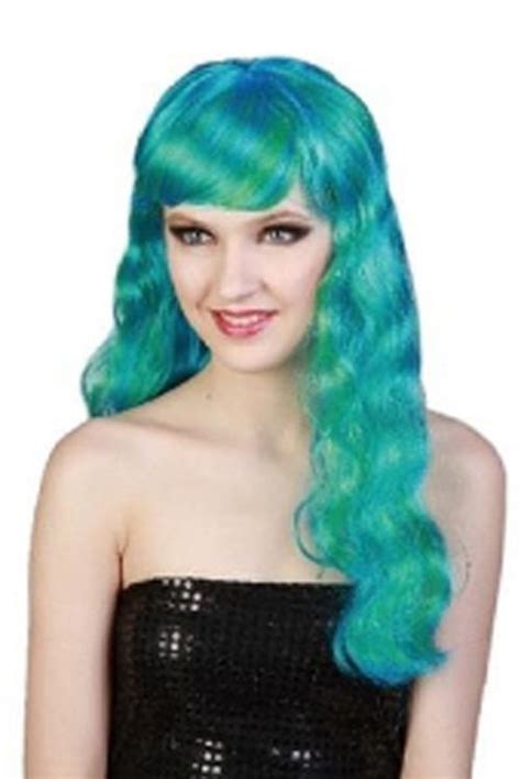 Long Turquoise Curly Fringed Mermaid Wig For Fancy Dress Costume