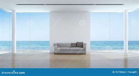 Sea View Living Room Interior In Modern Beach House Stock Illustration