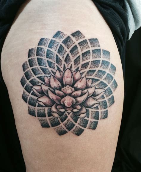 Outer Thigh Tattoo Geometric Lotus Piece Thigh Tattoo Thigh Tattoos