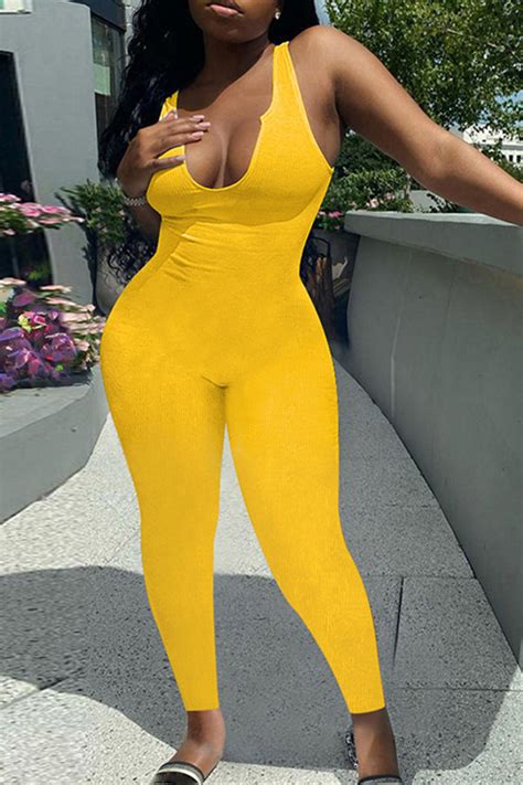 fashion yellow sexy solid patchwork u neck skinny jumpsuits for sale knowfashionstyle
