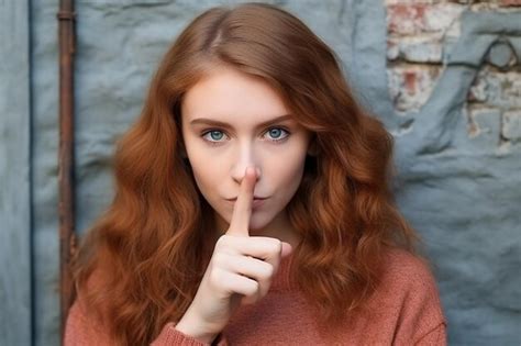 Рыжая девушка подросток хипстер показывает тсс жест пальцем и просит сохранить тайну молчать