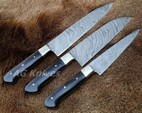 Perfect 3 Pcs Ag Custom Handmade Damascus Blade Kitchen Knives Set
