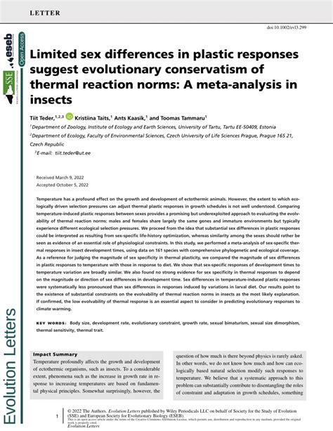 pdf limited sex differences in plastic responses suggest evolutionary conservatism of thermal