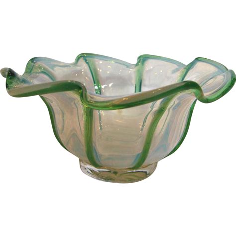 English Opalescent Art Glass Bowl W Green Edges C 1900 Antique Glass