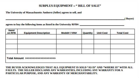 Equipment Bill Of Sale Template Word