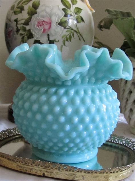 Turquoise Milk Glass Hobnail Fenton Ruffle Top Vase Large Etsy Milk Glass Hobnail Glassware