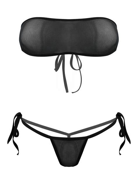 Us Womens Sheer Micro Bikini Outfit Sexy Bra Crop Top With Thongs Beach