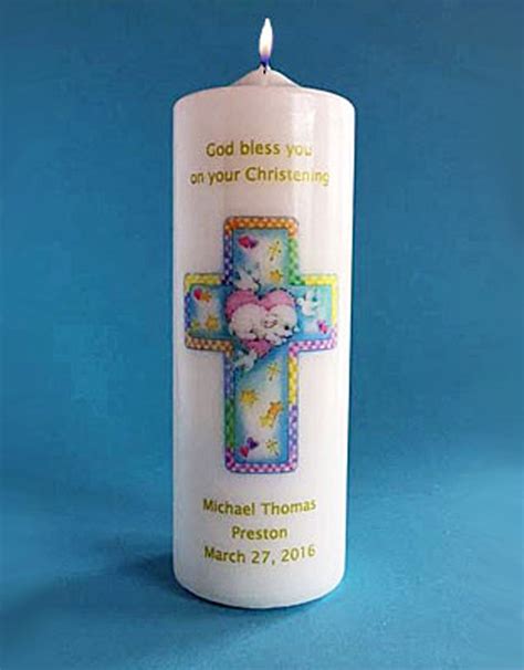 Personalized Baptism Candle With Cross And Lamb White Or Ivory