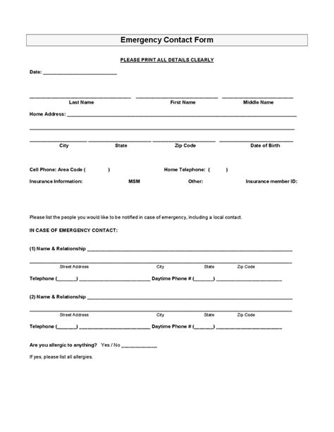 Employee Emergency Contact Forms Word Excel Fomats