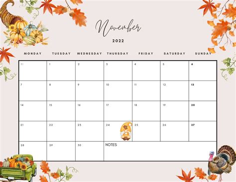 Editable November 2022 Calendar Thanksgiving Season Etsy New Zealand