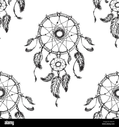 Hand Drawn Dreamcatcher With Feathers Seamless Pattern Ethnic