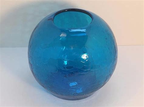 Large Blue Blenko Round Crackle Glass Vase Ebay Blenko Glass Crackle Glass Glass