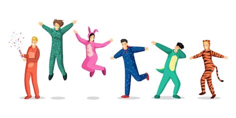 People In Pajamas Illustrations Set Happy Teenage Girls And Boys In