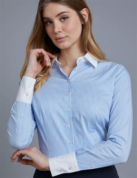 Women S Blue White Bengal Stripe Fitted Slim Shirt With Contrast
