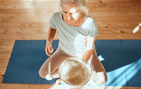 Sound Healing Bowl And Senior Yoga Woman Practice Alternative Medicine For Aura Soul Or Chakra