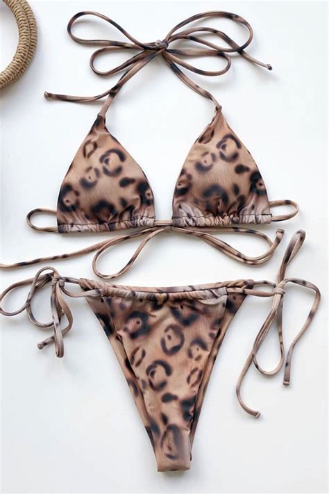 Leopard Self Tie Sliding Triangle Bikini Swimsuit Two Piece Set Fabzop