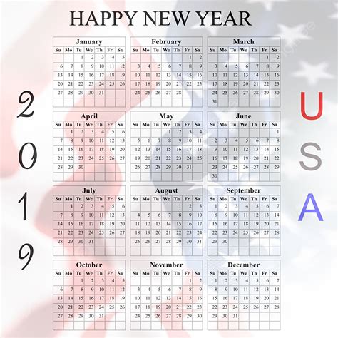 2019 American Calendar Calendar 2019 Calendar American Calendar Flag