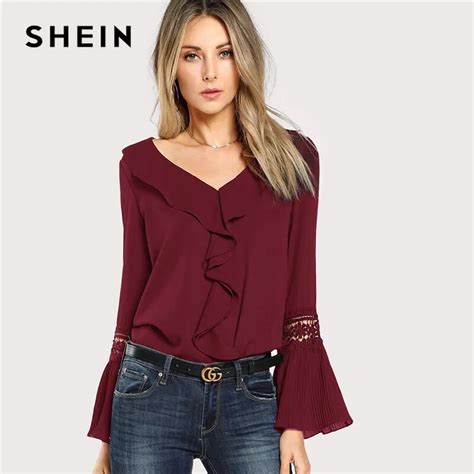 Shein Burgundy Elegant Office Lady Ruffle Neck Lace Insert Pleated Cuff Solid Blouse Autumn