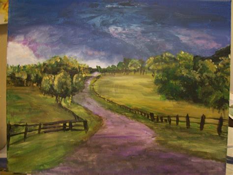Countryside Storm Fence Pasture Landscape Road Painting Acrylic