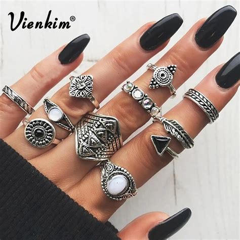 Vienkim 10pcsset Vintage Steampunk Ring Sets Punk Midi Finger Ring For