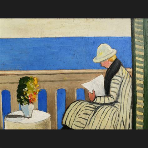 École FRANÇAISE circa 1920 Femme lisant sur un balcon devant la mer