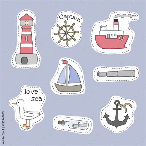 Set Of Nautical Cartoon Stickers Vector Hand Drawn Objects And Symbols