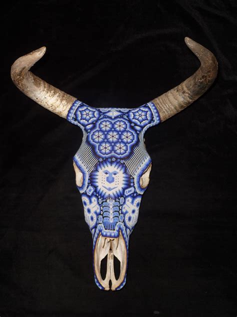 Wonderful Monochromatic Hand Beaded Huichol Indian Bull Skull