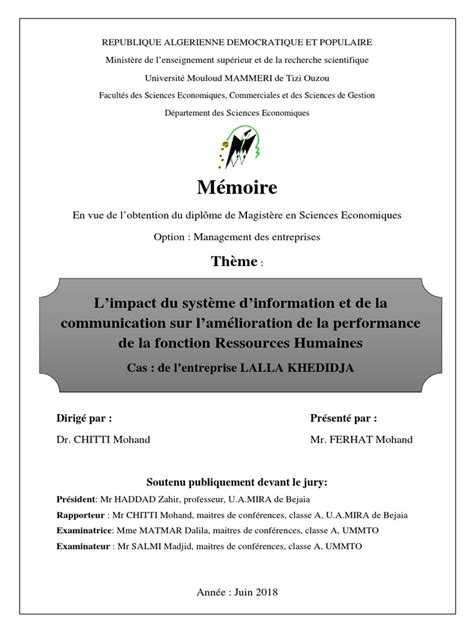 Mémoire Pdf Gestion Des Ressources Humaines Système Dinformation
