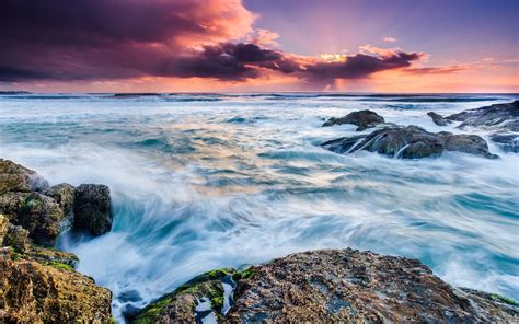 Nature Sea Sunset Clouds Rock Long Exposure Wallpapers Hd