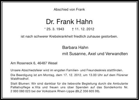 Alle Traueranzeigen Für Dr Frank Hahn Trauerrp Onlinede